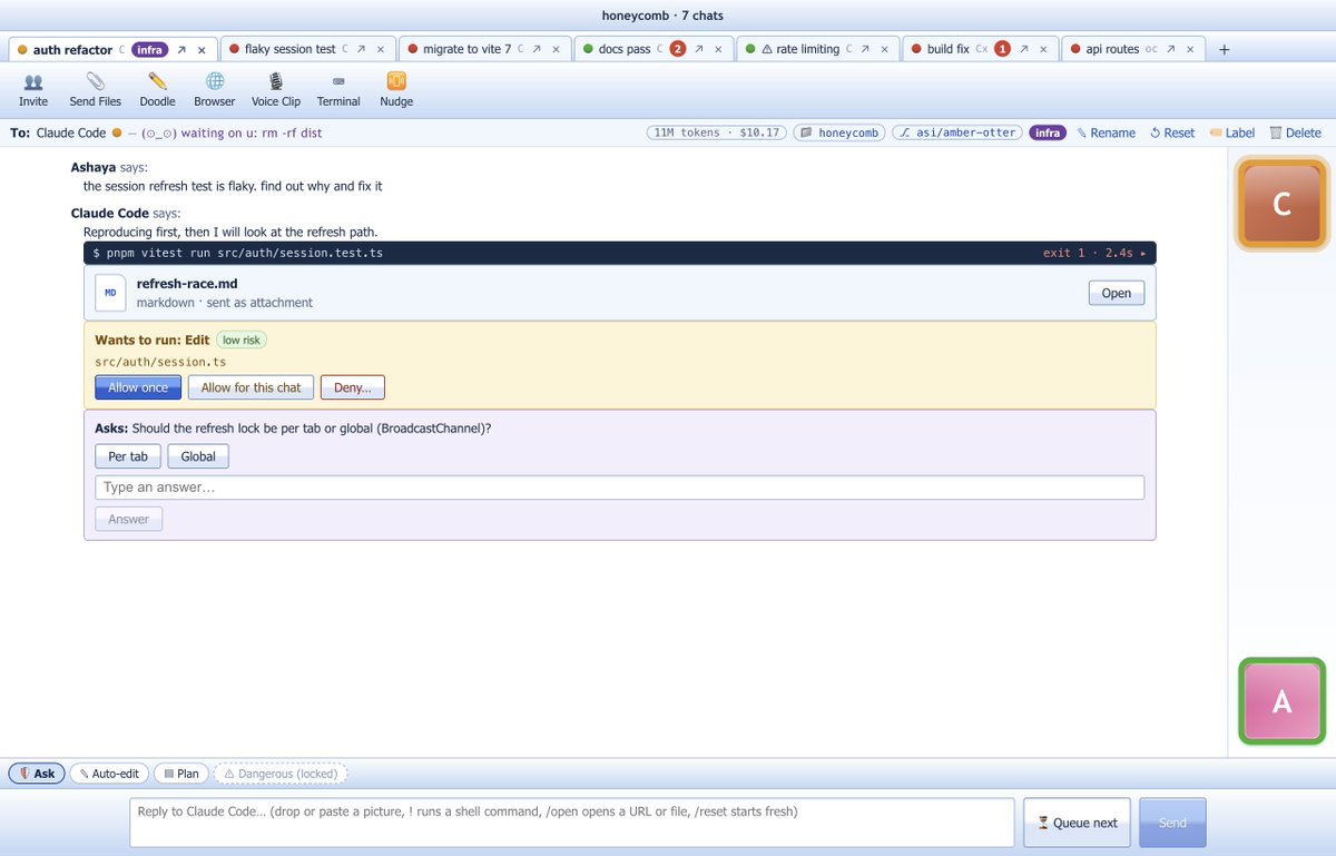 ashaya's tweet photo. Every chat can spin up its own isolated git worktree branch so n agents can edit the same repo in parallel without collisions. Plus prompt queueing (/queue), Ask / Auto-edit / Plan modes, and line-quoted markdown &amp; diff replies. https://t.co/1wwSr1nAVI