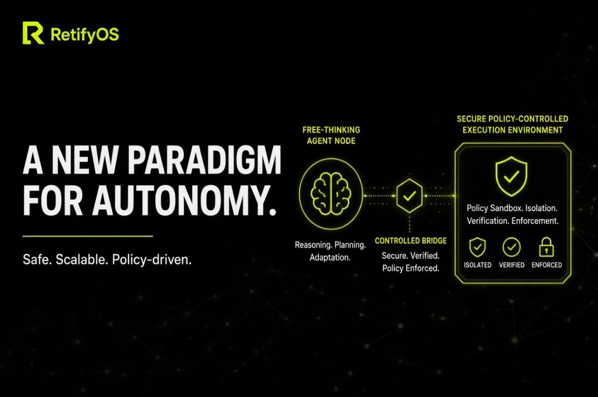 RetifyOS's tweet photo. RetifyOS introduces a new paradigm for autonomous AI 🧠
Agents that think independently but execute within a secure, policy‑driven environment.
This separation is how we unlock safe, scalable autonomy for real‑world systems. https://t.co/w1NyXvxZ3h