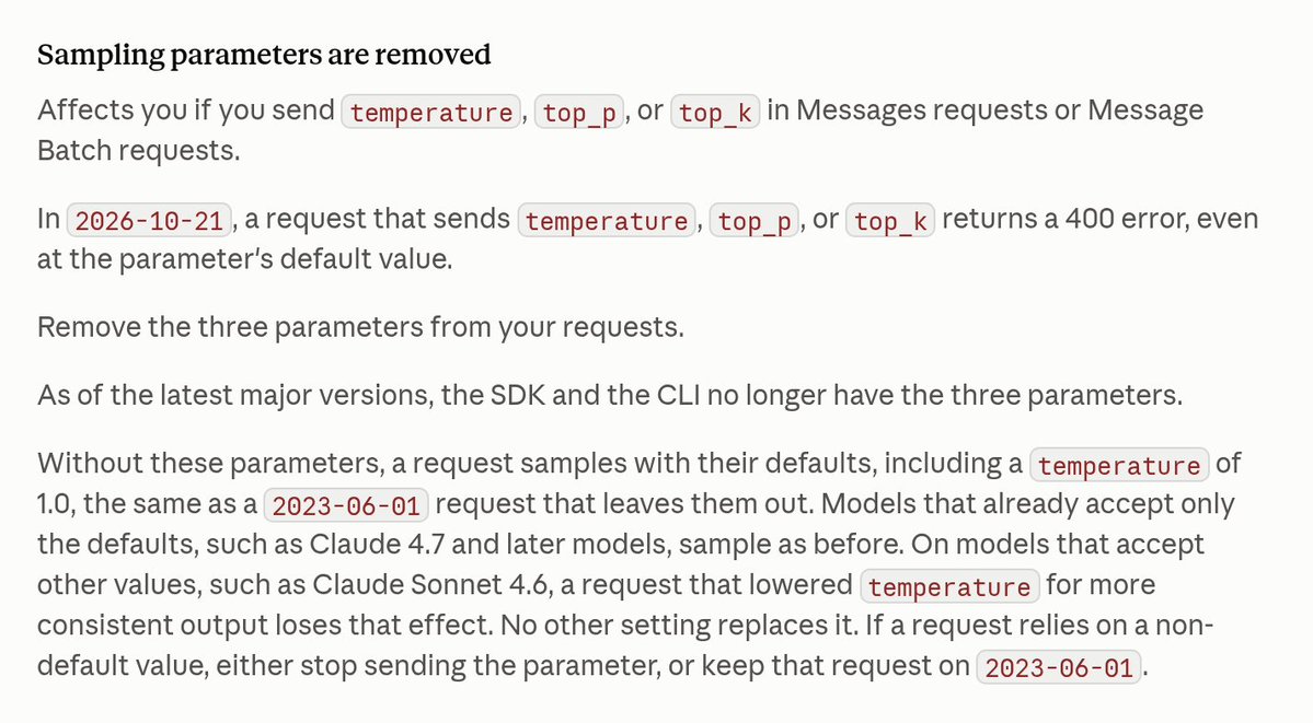 Astrodevil_'s tweet photo. What breaks when you bump to Claude API 2026-10-21 👇

→ temperature, top_p, top_k: 400, even at the default value
→ document blocks inside an assistant message: 400
→ citations on user text blocks: 400
→ SDKs now send your key as Authorization: Bearer instead of X-Api-Key, so proxies that read X-Api-Key need a fix
→ passing both an API key and an auth token to one client now errors
→ Go SDK moves to a /v2 module path and needs Go 1.25+

Good news: 2023-06-01 isn't deprecated, so nothing breaks until you move.

The quiet one: if you lowered temperature on Sonnet 4.6 for steadier output, that effect is just gone. Nothing replaces it.