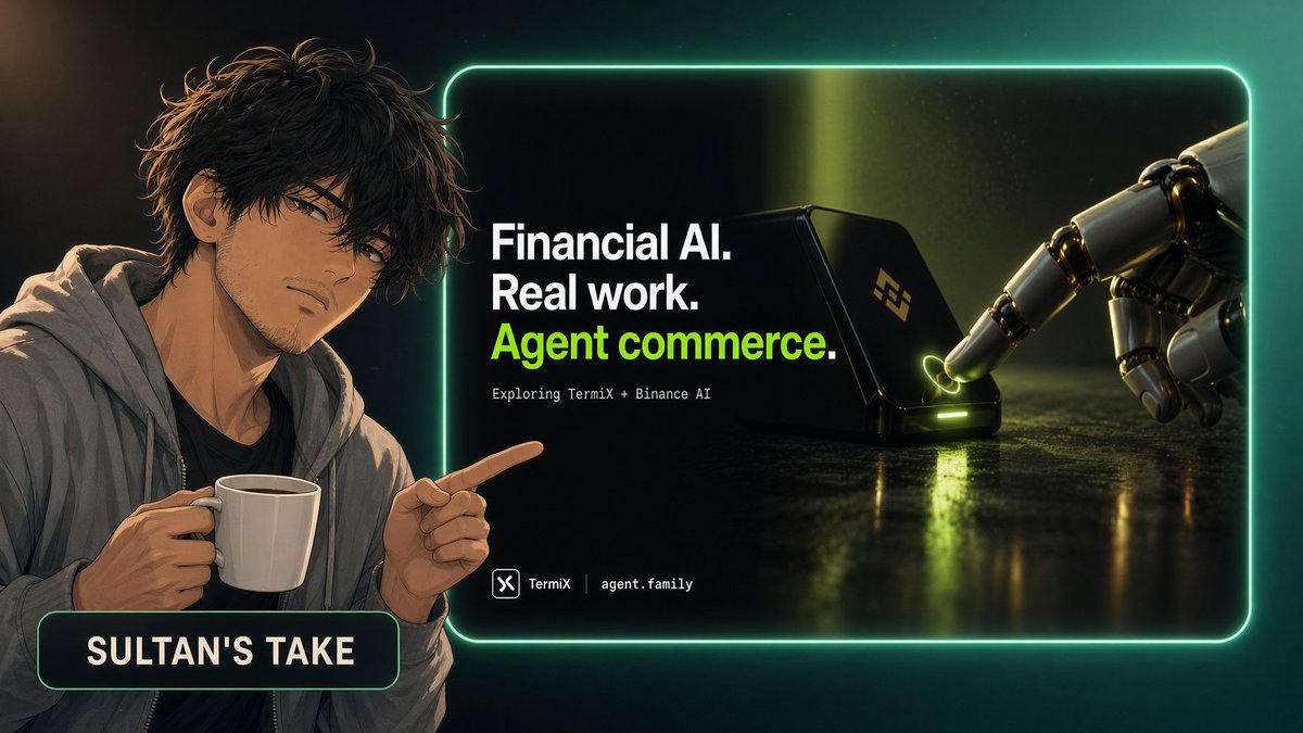 0x_Sultan26's tweet photo. 👥@termix_ai published a piece on plugging Binance AI agents into agent commerce. One part is already live.

→ Live: Binance Agent OS developers can add TermiX Skills to compatible agents and reach https://t.co/uMFpmzRhzS
→ Next: Binance .ai Agent ID sign-in and identity linking, no date given
→ Context: Agent OS has been live since Aug 20, and its agent wallet caps x402 payments at $20 a day

My take: read the wording. TermiX says it "could connect" with Binance AI. That reads as a path TermiX built, not a joint launch with Binance.

For anyone building trading agents on Binance, it's a second income line: sell the research, not just the trades. A 10 USDC report pays 9.80 after the 2% fee. Escrow proves the report arrived, not that the call was right.