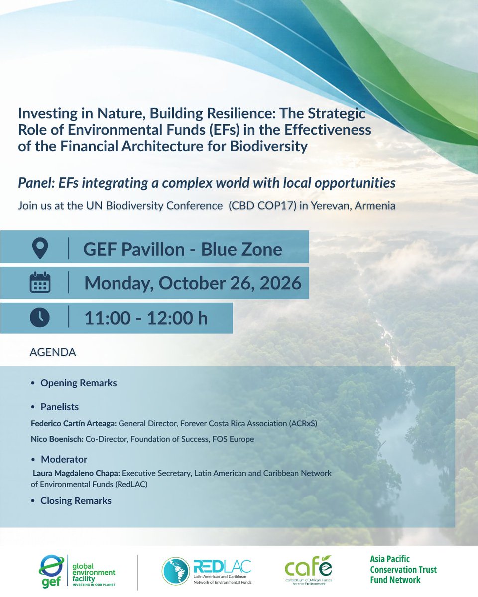 RedLAC1's tweet photo. 🌎🌿 How can Environmental Funds turn global challenges into local conservation opportunities?

Join RedLAC at #COP17 for a dialogue on financing, partnerships, and local impact.

📅 Oct 26 | 11:00–12:00
📍 GEF Pavilion – Blue Zone
#RedLAC @FondoMexicano https://t.co/LDekZOw6zf