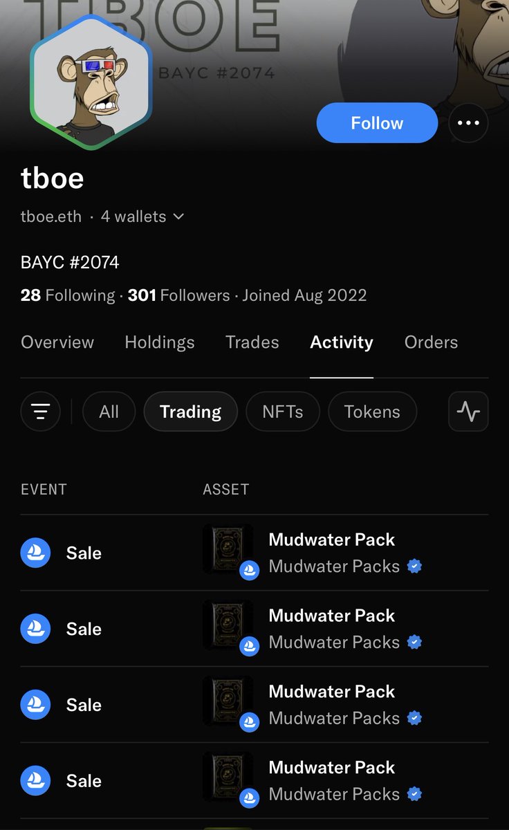 tboe3D's tweet photo. completed the Mudwater Master Set

ripped a physical box 

pulled another legendary

had a few drinks 

admired my jpeg collection 

considered registering mud.eth

swept some apechain NFTs instead

swept more digital Mudwater packs

fun saturday https://t.co/naKc5OLRdP