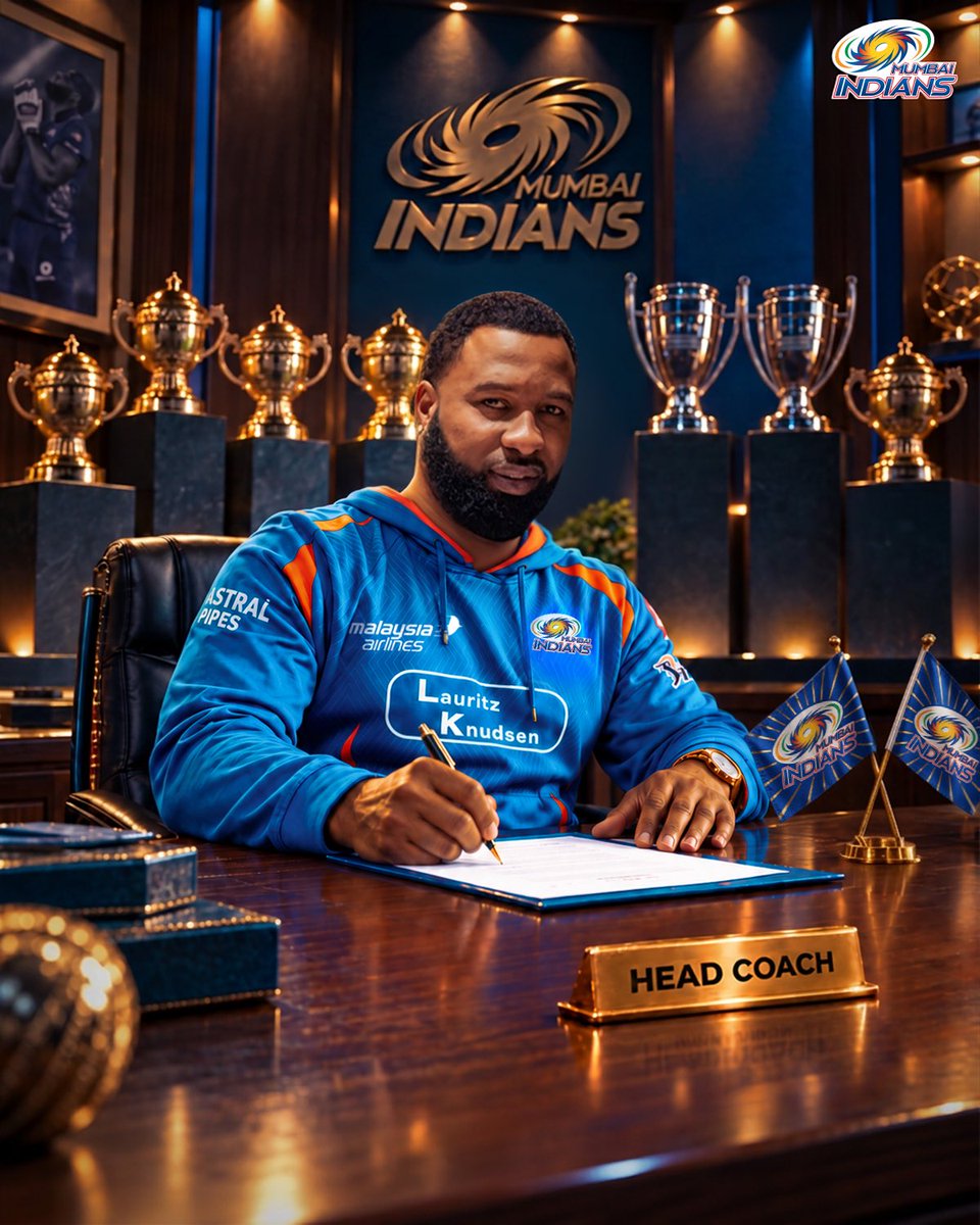 mipaltan's tweet photo. Taking office, Kieron Pollard, Mumbai Indians Head Coach 🫡 https://t.co/z1rshw4LeY