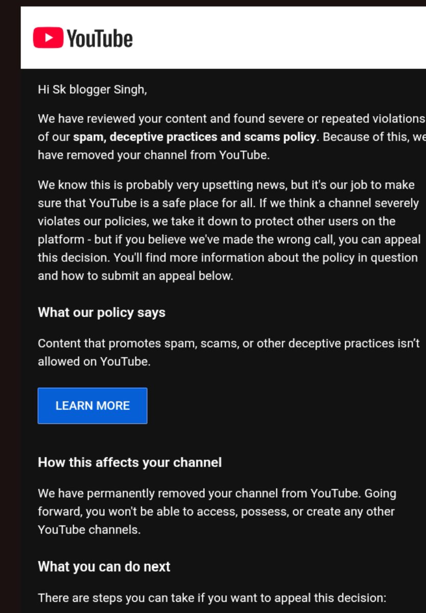 mahakk8k's tweet photo. My channel got removed for "spam,Deceptive Activity" and YouTube won't even tell me what videos I need to take down to avoid it. I've already reached out to support and still haven't heard back, it's been 23 days so far. 🫩  not replying in DM also repost 🙏
@TeamYouTube
@YouTube https://t.co/LmqNw66dJD