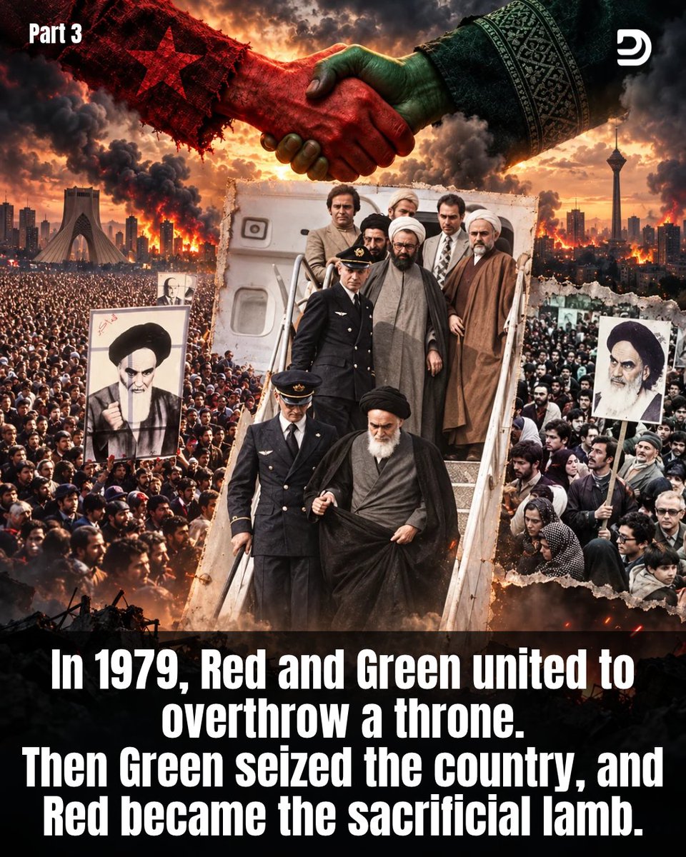 md_deepesh's tweet photo. RED–GREEN PANDEMIC PART III
CASE STUDY: IRAN, 1979

A nation looked towards the West.
Then its political order collapsed.
And a new power took its place.

This is not fiction.
This is Iran's history.

Watch the chronology.

1953: THE WESTERN SHADOW
A US-UK-backed coup reshapes Iran.
The Shah's authority grows.
Western influence deepens.

1963: THE MODERNISATION
Women gain voting rights.
Western-style reforms expand.
But political dissent faces repression.

Iran modernises.
Yet its people lack political freedom.

1964: THE EXILED CLERIC
Ayatollah Khomeini is expelled.
His opposition continues abroad.
His influence gradually grows.

1977: THE GRIEVANCES
Anger against the Shah spreads.
Students and intellectuals organise.
Religious opposition gains strength.

1978: THE CONVERGENCE
Islamists march.
Marxists mobilise.
Liberals demand change.

Different dreams.
One common enemy.

1979: THE FALL
January 16: The Shah leaves.
February 1: Khomeini returns.
February 11: The Shah regime collapses.

The old order is gone.

But who owns the revolution?

APRIL 1979: THE NEW STATE
Iran becomes an Islamic Republic.
Khomeini's authority expands.
The revolution changes direction.

DECEMBER 1979: THE NEW LAW
A new constitution takes effect.
Religious guardianship gains supremacy.
Power concentrates around Khomeini.

1980: THE UNIVERSITIES
A Cultural Revolution begins.
Campuses face ideological purges.
Academic freedom suffers.

1981: THE PURGE
Political conflict turns violent.
Opposition parties face repression.
Former revolutionaries become enemies.

1983: THE FINAL BREAK
The communist Tudeh Party is crushed.
Its leaders are arrested.
Yesterday's allies face persecution.

RED HELPED CHALLENGE THE SHAH.
GREEN CONSOLIDATED THE STATE.

But history holds another twist.

Not every Leftist was eliminated.
Many leftist merged with Islamist.

THE WARNING TO INDIA.

A common enemy (Bharat) can unite rivals.
Victory can expose their differences.
And liberation can end in democracy as we know it.

After 2001, new Left-Islamist coalitions emerged in the West.
And its much more dangerous than what happened in Iran.
And it is right inside Bharat as we speak. 

Wake Up Bharat!