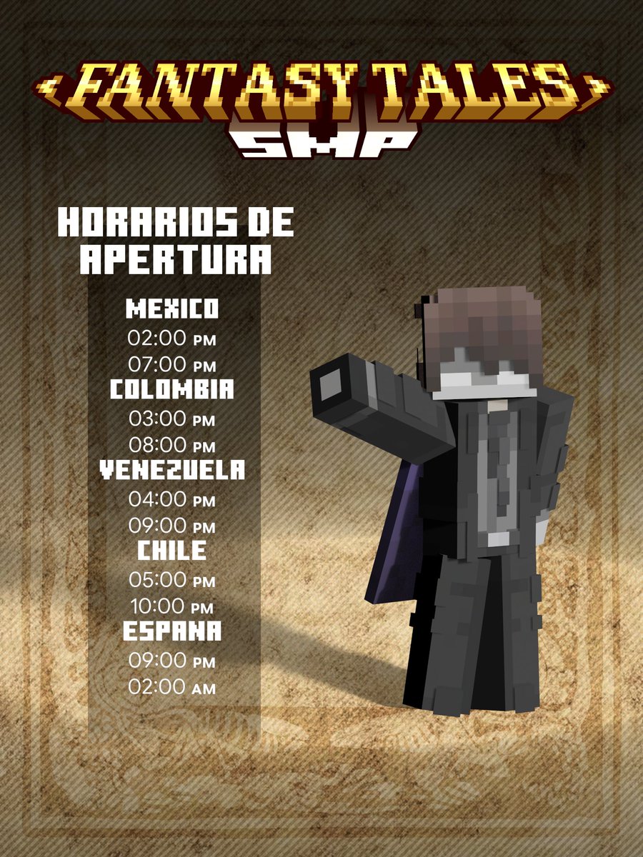FTalesSMP's tweet photo. ¿Listos para la aventura?
Recuerden traer sus mejores trajes, Fantasy Tales  estara abriendo en los siguientes horarios.

¡No te lo pierdas! ¡otra vez¡ https://t.co/cKRo7KlsfZ