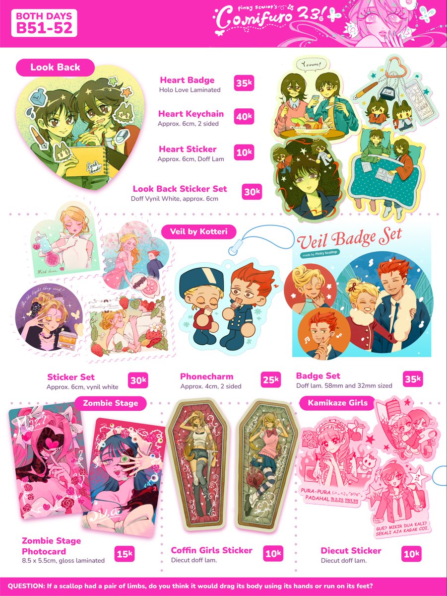 pinky_scallop's tweet photo. 🔄 and 🩷 appreciated

#CF23 OTS &amp; pre-order catalogue

🍇 Pick Up (until 28/10) &amp; Mail Order (until 1/11)
📍Both days @ B51-52
🍥 Saiki K, Look Back, Veil by Kotteri, Persona 5, Originals, Monster High, Hunter x Hunter, ZOMSTG, etc.

https://t.co/D23IktbxpM https://t.co/WP7KpUt5p1