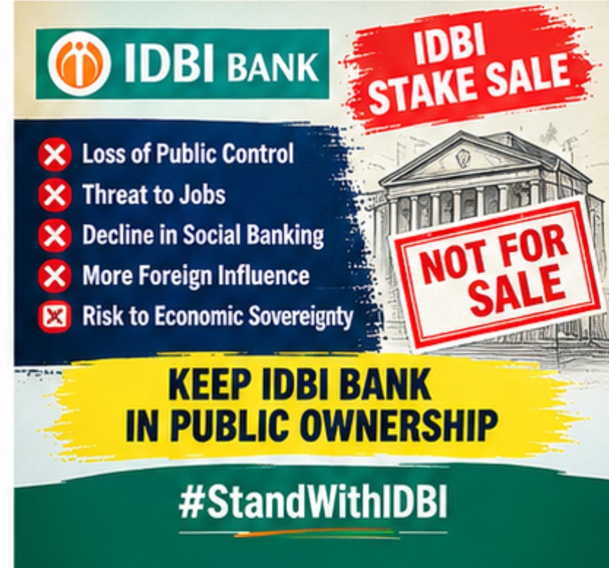 Ashasindhu's tweet photo. Stop the stake sale! Protect social banking, equal opportunities and public accountability.
#StandWithIDBI #SaveIDBI https://t.co/J4Q7ONG8QL
