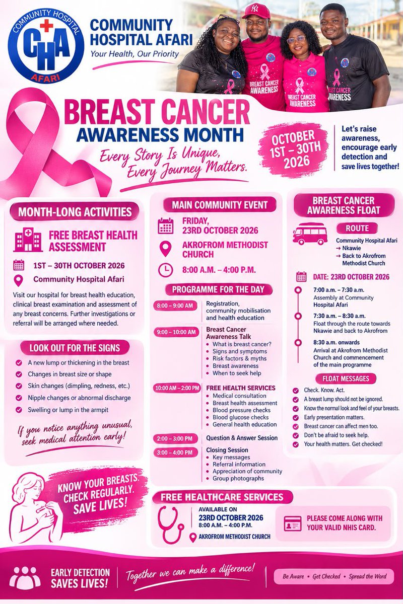 AfuaDedea's tweet photo. Last Friday, I had the privilege of joining a delegation from @hesaknust and @wihs_knust for a Breast Cancer Awareness Outreach organized by Afari Community Hospital at Akrofrom Methodist Church, where we took members of the community through breast care education and screening. https://t.co/tGjxUA6Jix