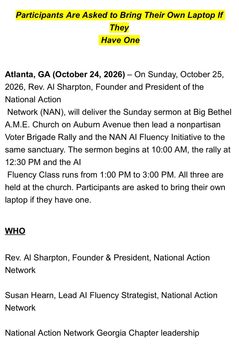 TheRevAl's tweet photo. REV. AL SHARPTON AND THE NATIONAL ACTION NETWORK BRING A VOTER BRIGADE RALLY AND AI FLUENCY CLASS TO ATLANTA

Rev. Sharpton Delivers the Sunday Sermon at Historic Big Bethel A.M.E. Church on Sunday, October 25th,
 Followed by a Nonpartisan Voter Brigade Rally and Hands-On Artificial Intelligence Class

#NANAIFluency #BigBethelAME #NANAtlanta