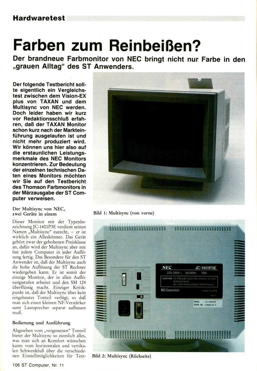 Retrojournal_de's tweet photo. 🖥️ „Farben zum Reinbeißen?“

1986 testete die ST Computer den NEC Multisync – einen Farbmonitor, der sogar die hohe Auflösung des Atari ST darstellen konnte!

Ein Monitor für alle Auflösungen? Damals etwas Besonderes! 😁

Wer hatte einen Multisync am ST?

#AtariST #RetroComputing https://t.co/zng6cn5JnZ