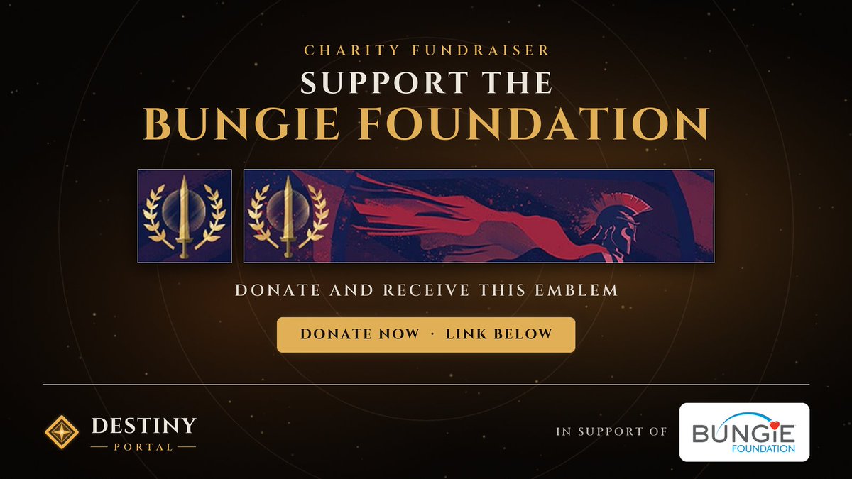 D2Portal's tweet photo. We’re raising money for the @BungieLove Clash of Champions tournament ❤️

Donate $25 or more to receive the "Spartiates Emblem" and the Foundation Donator badge on your Destiny Portal profile.

Donate: https://t.co/SwPDerPqSd

How to claim it: https://t.co/y5etlk8IQy

#Destiny2 #BungieFoundation #D2 #DestinyPortal #Destiny #Donate