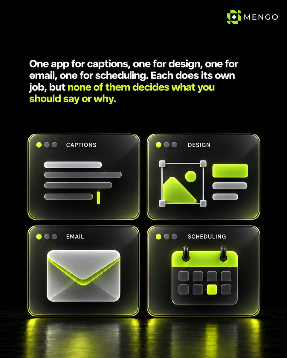 buildwithmengo's tweet photo. Five tools. Three logins. Still no plan.

Every app does one job. None of them decides what you should say, or why.

Mengo starts with your strategy, then builds your content, campaigns and lead flows from it.

One plan behind everything. https://t.co/kjfz0Pb90g
