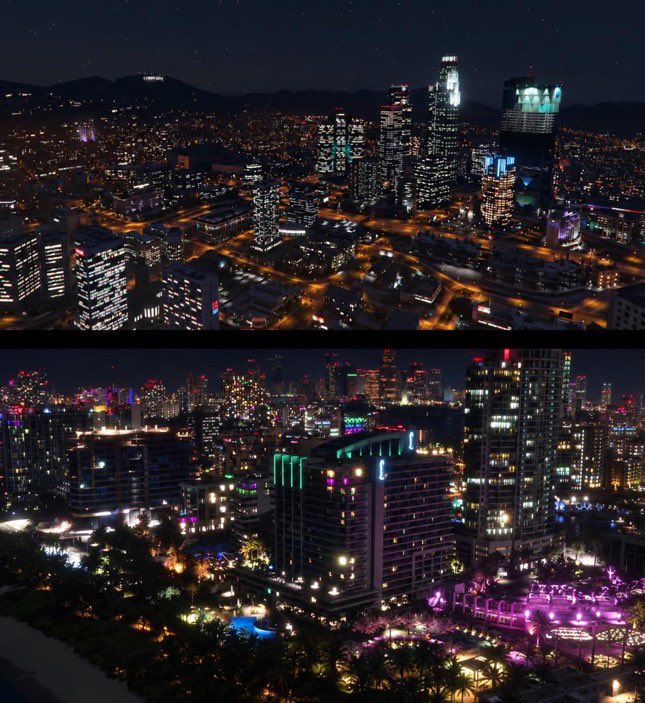 Rickyenplus's tweet photo. GTA V vs GTA VI. Same city vibes, different generation. From Los Santos to Vice City, Rockstar keeps raising the bar. The evolution is insane.🤯 https://t.co/vH1jDmXMkr