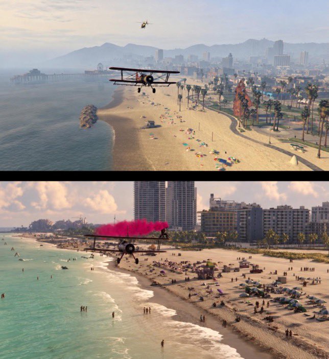 Rickyenplus's tweet photo. GTA V vs GTA VI. Same city vibes, different generation. From Los Santos to Vice City, Rockstar keeps raising the bar. The evolution is insane.🤯 https://t.co/vH1jDmXMkr
