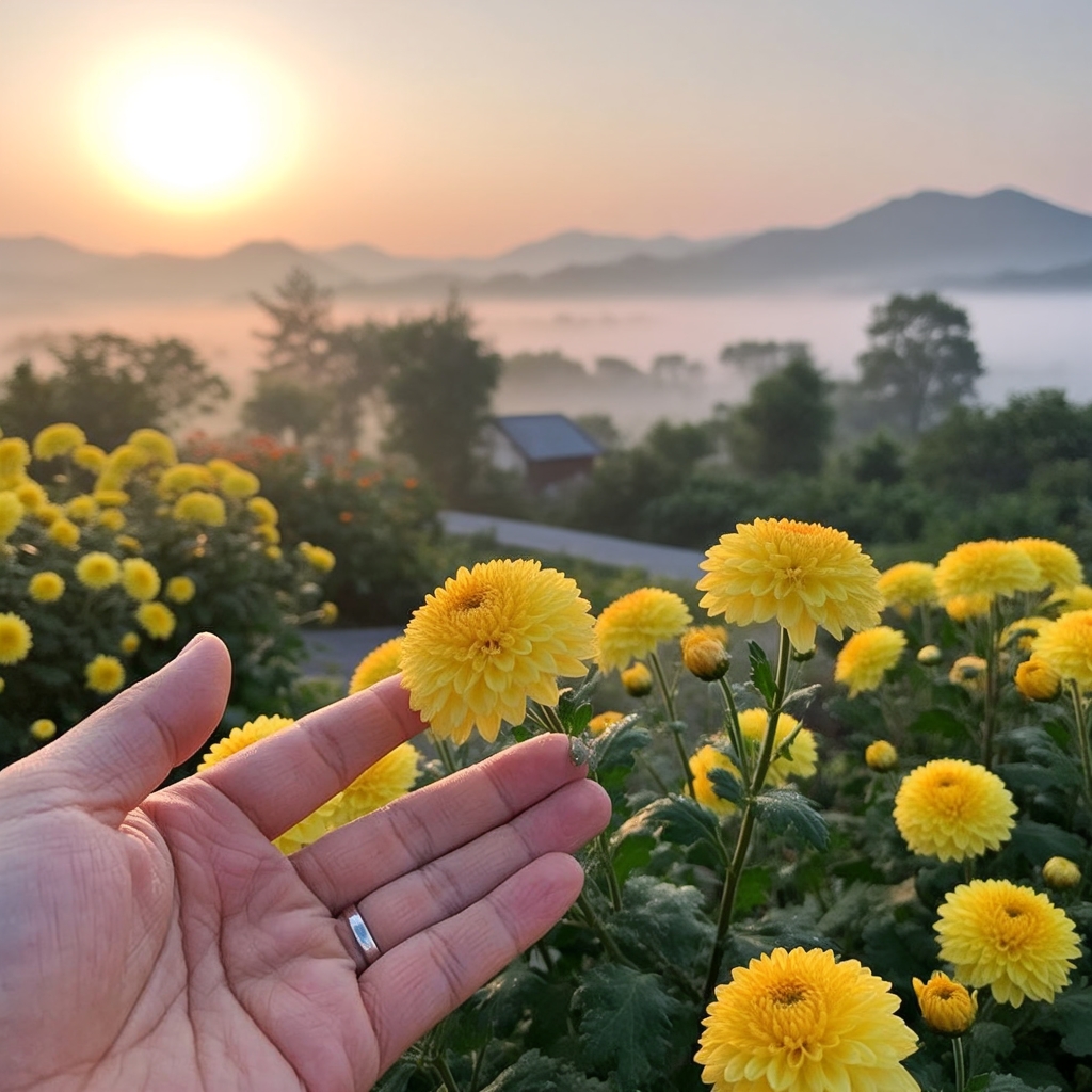 k01097909's tweet photo. [朝の公園で、彩り豊かな菊を見つけた！手で優しく彩りを撫でるように触れると、風が運ぶ香りが心に響いて最高の朝になった]， https://t.co/YaYynOvo4M