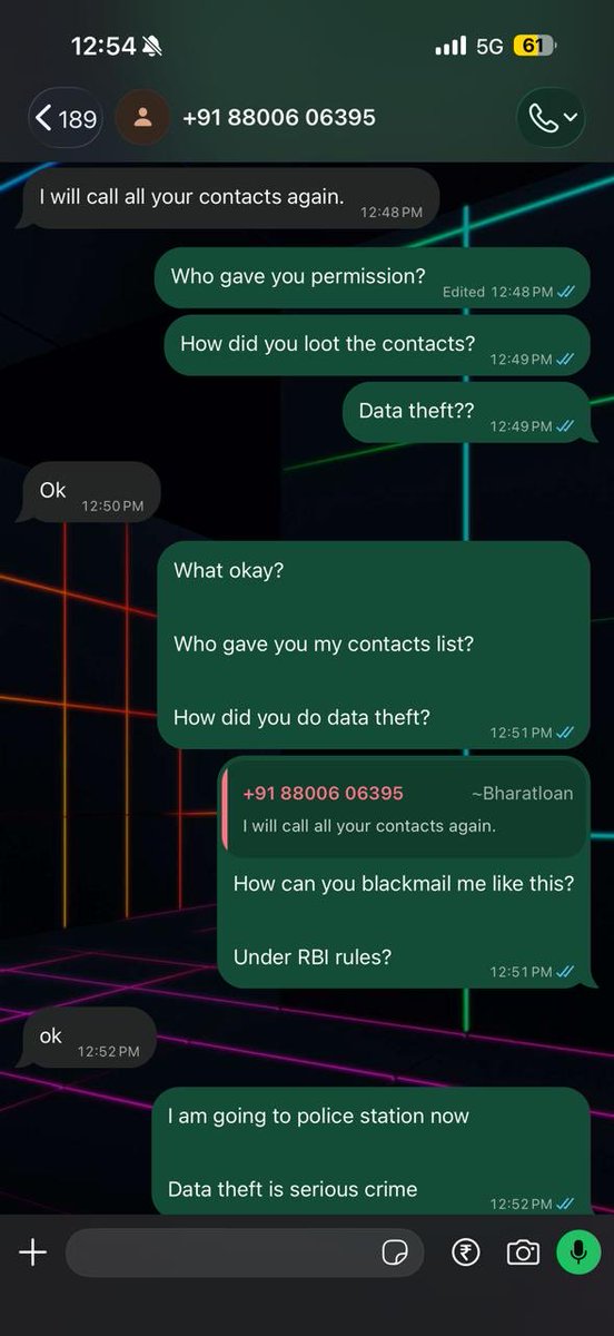 banpaydayLoans2's tweet photo. How can #BharatLoan people directly blackmail me that he will call all my contacts?

How did they even got my contacts list?

Isn't this crime?

@saynotoloans 
@savehumanityt 

@APPOLICE100 
@Cyberdost 
#paydayloansharrasement
#LoanAppAtyachar https://t.co/EqCGwXjsK2