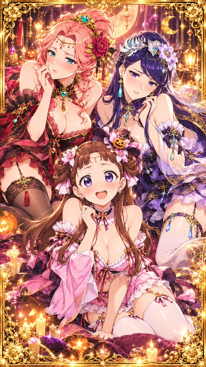 disya226's tweet photo. 【後宮の姫君たちの秘密のハロウィン🎃🌙】

🌹玉葉妃
「ふふっ♡ 今宵は少し大胆に……悪戯してしまおうかしら？」

💜梨花妃
「こ、こんな衣装……少し恥ずかしいですわ。でも、今夜だけは……♡」

🌸里樹妃
「わぁっ！ お二人とも、とっても綺麗です！ わ、私も似合っていますか……？♡」

月夜に咲く、三人の妃の特別なハロウィン✨
いつもとは違う装いに、思わず頬を染める姫君たち……💕

#薬屋のひとりごと #玉葉妃 #梨花妃 #里樹妃 #ファンアート
