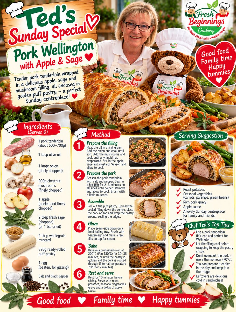 FreshBeginning5's tweet photo. 🧸🍎 Sunday lunch with a little extra sparkle! ❤️

Let Ted show you how to make a delicious Pork Wellington with apple and sage, wrapped in golden puff pastry. A special Sunday centrepiece for all the family to enjoy! 🥩🍏

Good food • Family time • Happy tummies ❤️ https://t.co/vbdif4HOA2
