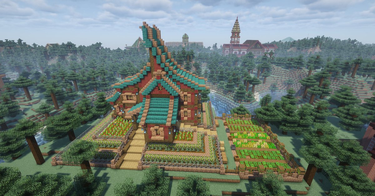 from_shawshank's tweet photo. 昔建てた建築を移設して左側に畑を増設してみました！

#Minecraft #マイクラ #マインクラフト https://t.co/sO4hs749mw