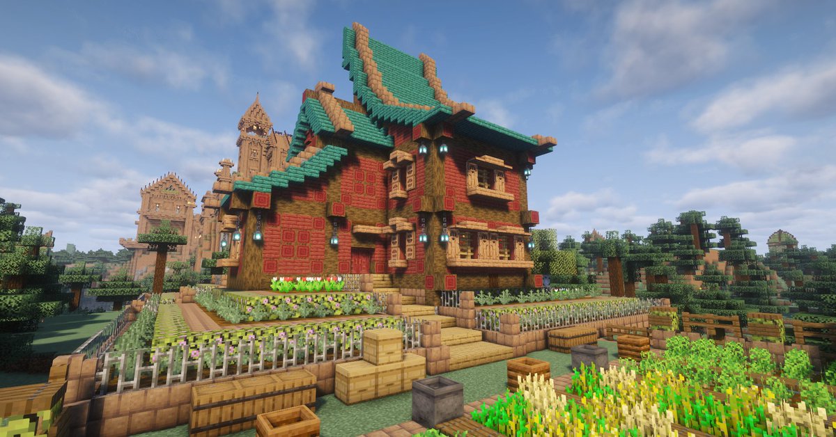 from_shawshank's tweet photo. 昔建てた建築を移設して左側に畑を増設してみました！

#Minecraft #マイクラ #マインクラフト https://t.co/sO4hs749mw