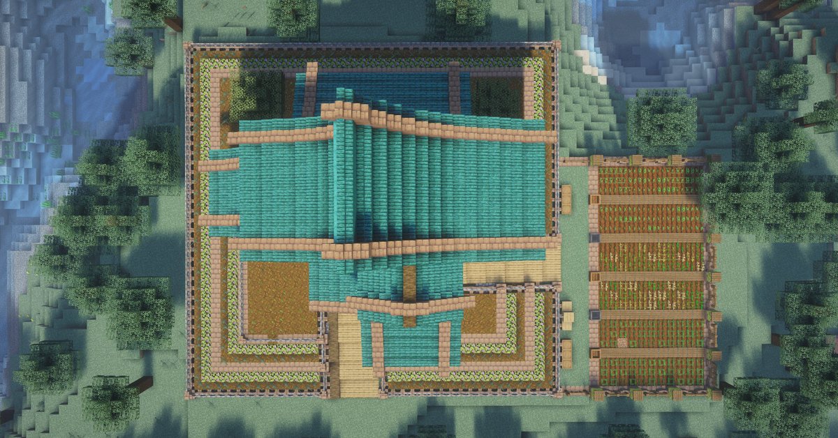 from_shawshank's tweet photo. 昔建てた建築を移設して左側に畑を増設してみました！

#Minecraft #マイクラ #マインクラフト https://t.co/sO4hs749mw