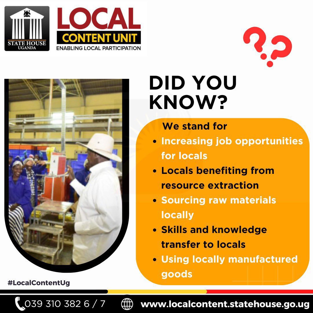 baguma83789's tweet photo. Did you know?
Local Content is about empowering people to take the lead in national development.
✔️ More jobs for locals
✔️ Locals benefiting from resource extraction
That’s how we build a strong, economy—by enabling local participation.
#LocalContentUg |
#InvestmentsUg https://t.co/Choqt2yhBU