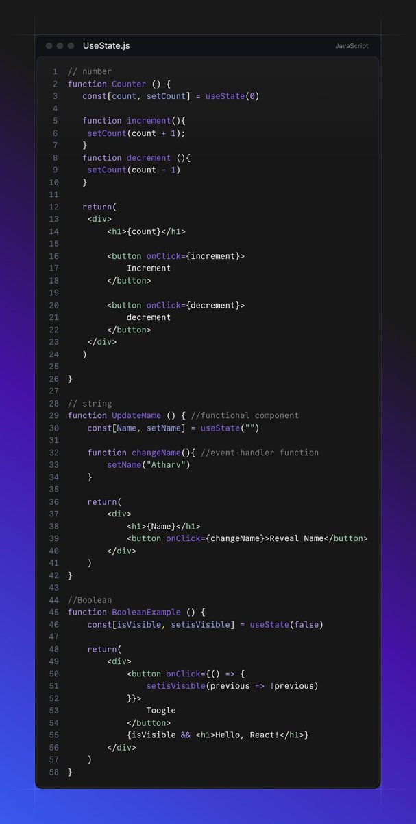 AtharvInTech's tweet photo. 🌟Started the day with practising Hooks-useState

Read docs and found out few of golden rules:
>Render dynamic UI from state
>Call hooks at the top level of components or custom hooks
>Never mutate state directly, use the setter
>Update object/array using spread(...)
#ReactJs https://t.co/egXk4B7IO1