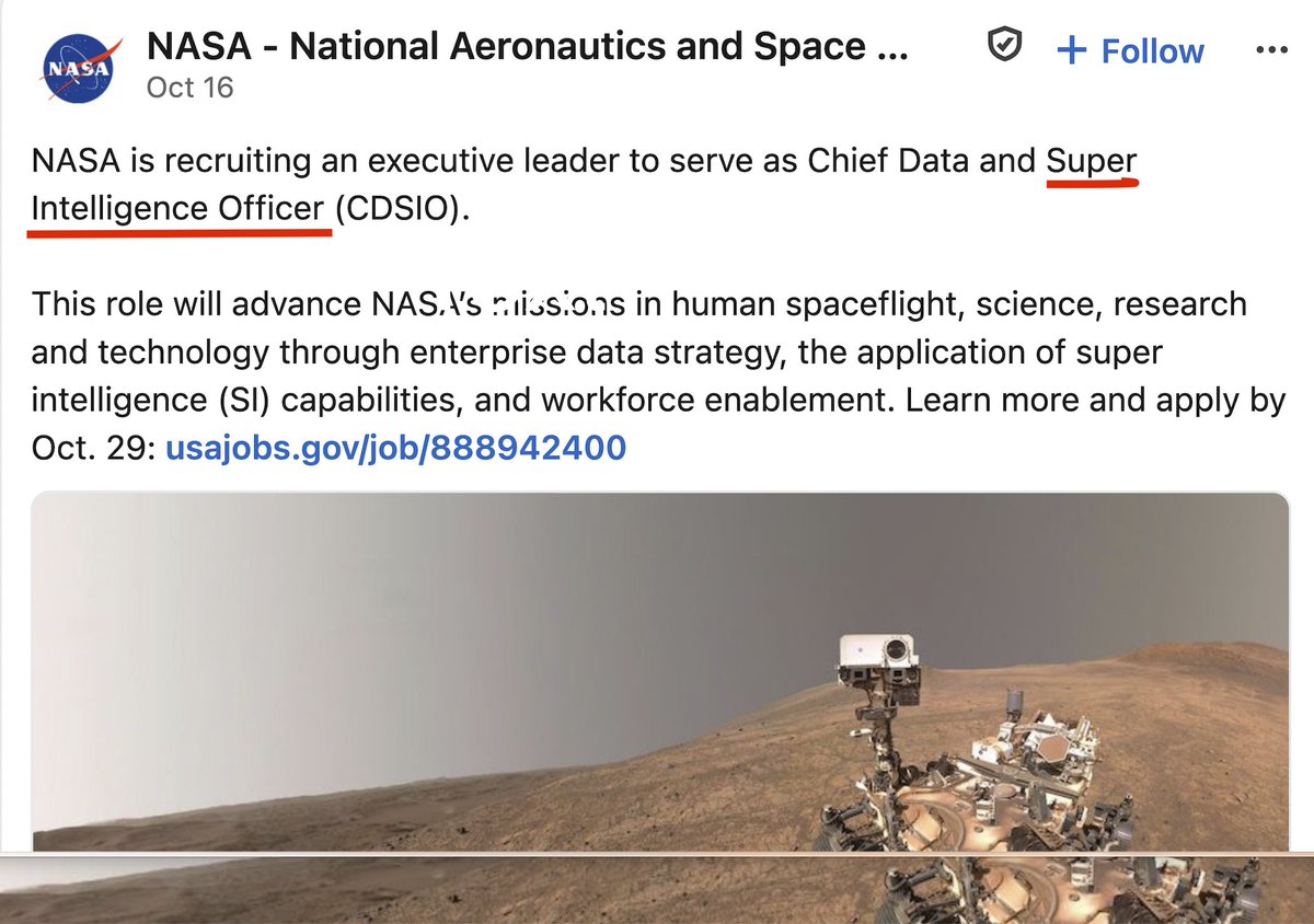 sidomains's tweet photo. @NASA Hiring Chief Data &amp; Super Intelligence Officer 👀 https://t.co/deQx7LfL8X