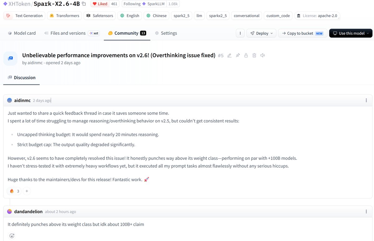 SparkLLM's tweet photo. 🎉 Spark-X2.6-4B reached #4 on Hugging Face Trending!
Snapshot: All · last 7 days, Oct 25, 2026.

Thanks for your support, hands-on reports &amp; constructive feedback. If you find it useful, give it a ❤️ Like:
https://t.co/5GdI4SGeTo https://t.co/BdsTD4SZEV