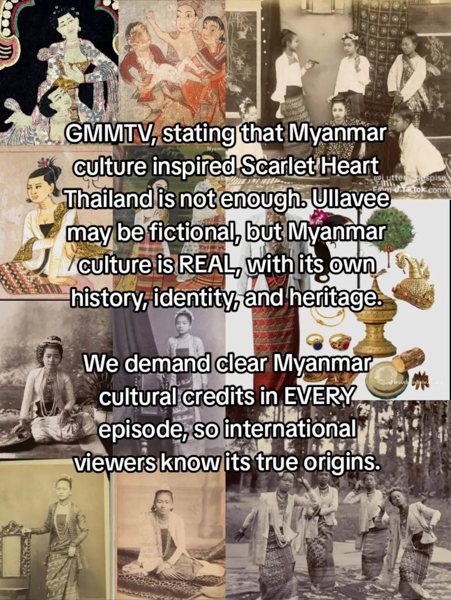 cloudypotato55's tweet photo. We demand @GMMTV to put full credit disclaimer in every episode of the series. We want proper clear explanation about which parts of Myanmar's culture is used in the series.

CULTURAL HERITAGE RECOGNITION

#RecognizeMyanmarCulturalHeritage
#CulturalCreditMatters 
#ScarletHeartTH https://t.co/PtoQnhJOBy