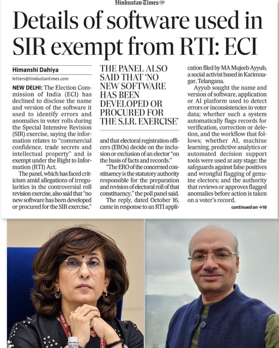 TheSincereDude's tweet photo. ECI's SIR deleted 13 crore+ voter entries. The software used? Hidden behind "trade secrets"! RTI blocked as of Oct 16, 2026. 

ERONet (2017–18) + ECINet (Jan 2026) centralised roll control away from EROs; the very officers the law makes solely responsible for inclusion/exclusion. 

DG (IT) Dr. Seema Khanna is accused by fmr. MP & IPS officer Dr. Ajoy Kumar via Oct 3 FIR complaint under BNS Sections 318, 336, 340 + IT Act: unauthorised data centralisation, software locks stripping EROs of their legal powers, and misusing TCS to alter Form 6 registration. 

Maneesh Garg's IT division sits right in the middle of this chain. 

Two sitting Election Commissioners; Vivek Joshi & Sukhbir Sandhu; objected on record to CEC Gyanesh Kumar. 

When the software is a "trade secret," the deletions are opaque, and internal dissenters are overruled, what exactly is the ECI protecting: the voter, or the outcome?