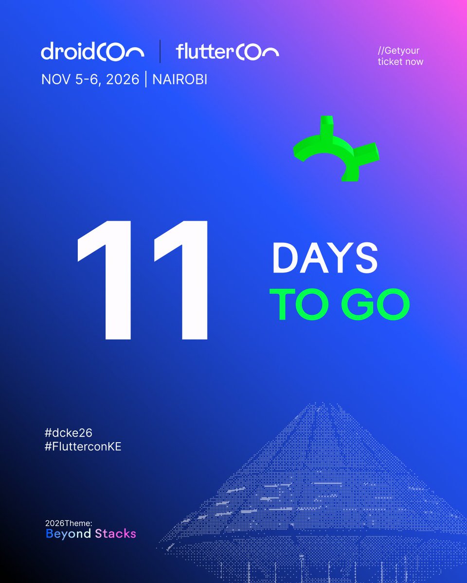 droidconke's tweet photo. 11 DAYS TO GO! โณ๐
The countdown is heating up. In 11 days, the regional and global mobile community unites at PrideInn Azure in Nairobi as we step ๐๐ฒ๐๐ผ๐ป๐ฑ ๐ฆ๐๐ฎ๐ฐ๐ธ๐!
๐๏ธ Secure your ticket: https://t.co/u9MBuyJj3v
#dcke26 #flutterconke26 #BeyondStacks https://t.co/QmHIrwbeCz