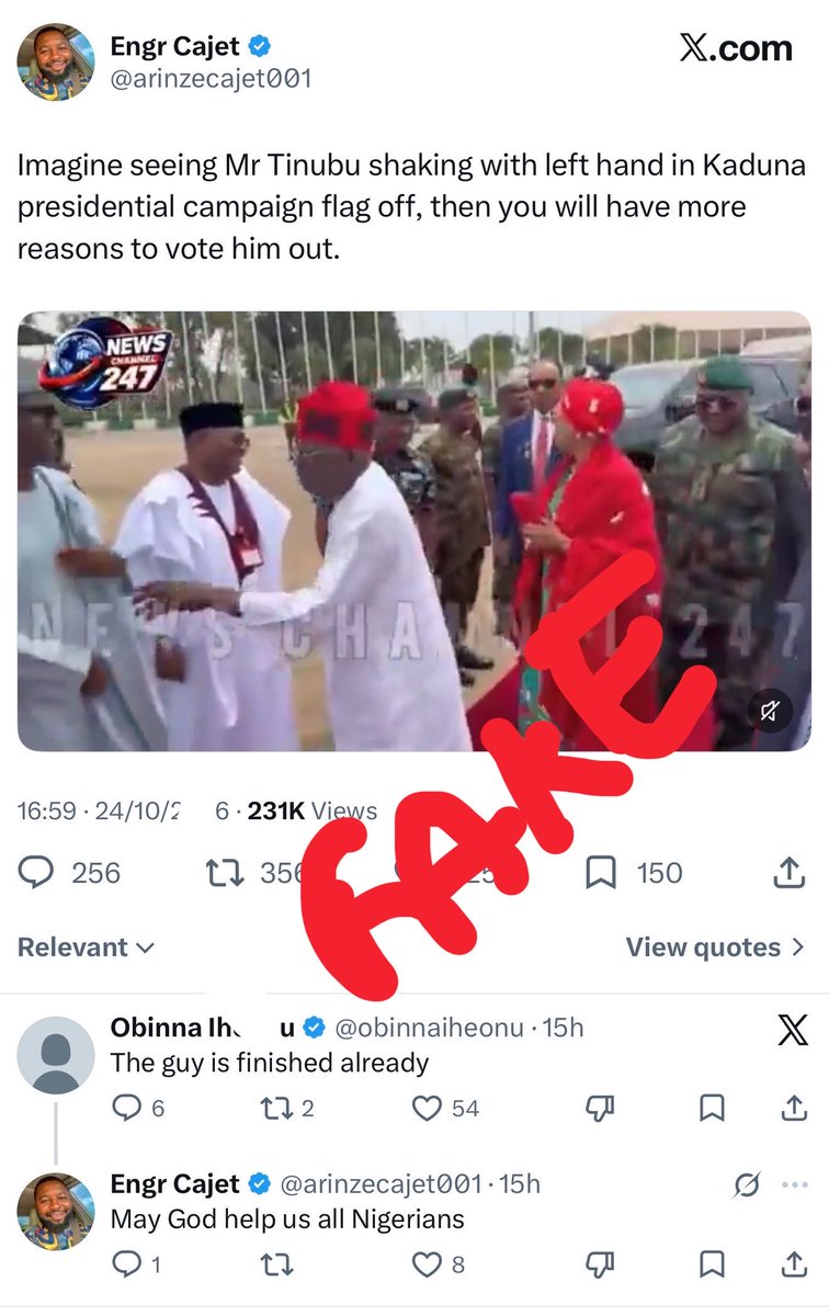 otegaogra's tweet photo. Fake News Alert from clueless opposition:

1. The original video shows the president shaking with his right hand with the receiving line to his left.. The fake video posted by @arinzecajet001 depicts a mirror-reversed video with the receiving line on the wrong side and claims the president shook with his left hand with the receiving line on the right. By protocol, the receiving line is always on the right of a plane towards the plane nose 

2. The video depicting an alleged arrival in Kaduna is actually a departure from Abuja video. @arinzecajet001 falsely claimed it is an arrival video.

3. In the original arrival video in Kaduna, the president steps from the plane and shakes the hand of VP Shettima first, then skates Governor Uba Sani. 

Can you spot the difference?

Shine your eyes and don’t be deceived by a frustrated, angry opposition. Pray for them.

VERDICT: @arinzecajet001 is a false alarmed and his video is fake. The ai logo superimposed on the video is also fake.