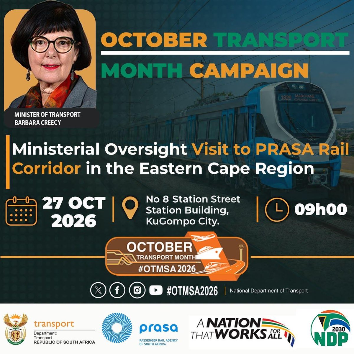 Dotransport's tweet photo. OCTOBER TRANSPORT MONTH CAMPAIGN 
 
Deputy Minister of Transport, Barbara Creecy will be in KuGompo City, Tuesday, 27 October 2026 for Oversight visit to @PRASA_Group Rail Corridor in the Eastern Cape Region

#OTMSA2026 #TransportZA https://t.co/oP8vCsa5bz