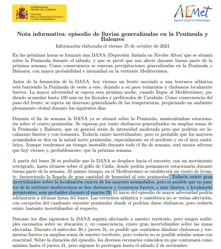 CSIFAEMET's tweet photo. Tal día como hoy hace dos años: nota informativa de @AEMET_Esp sobre la DANA. 4 días antes https://t.co/GoQsJrIKAP