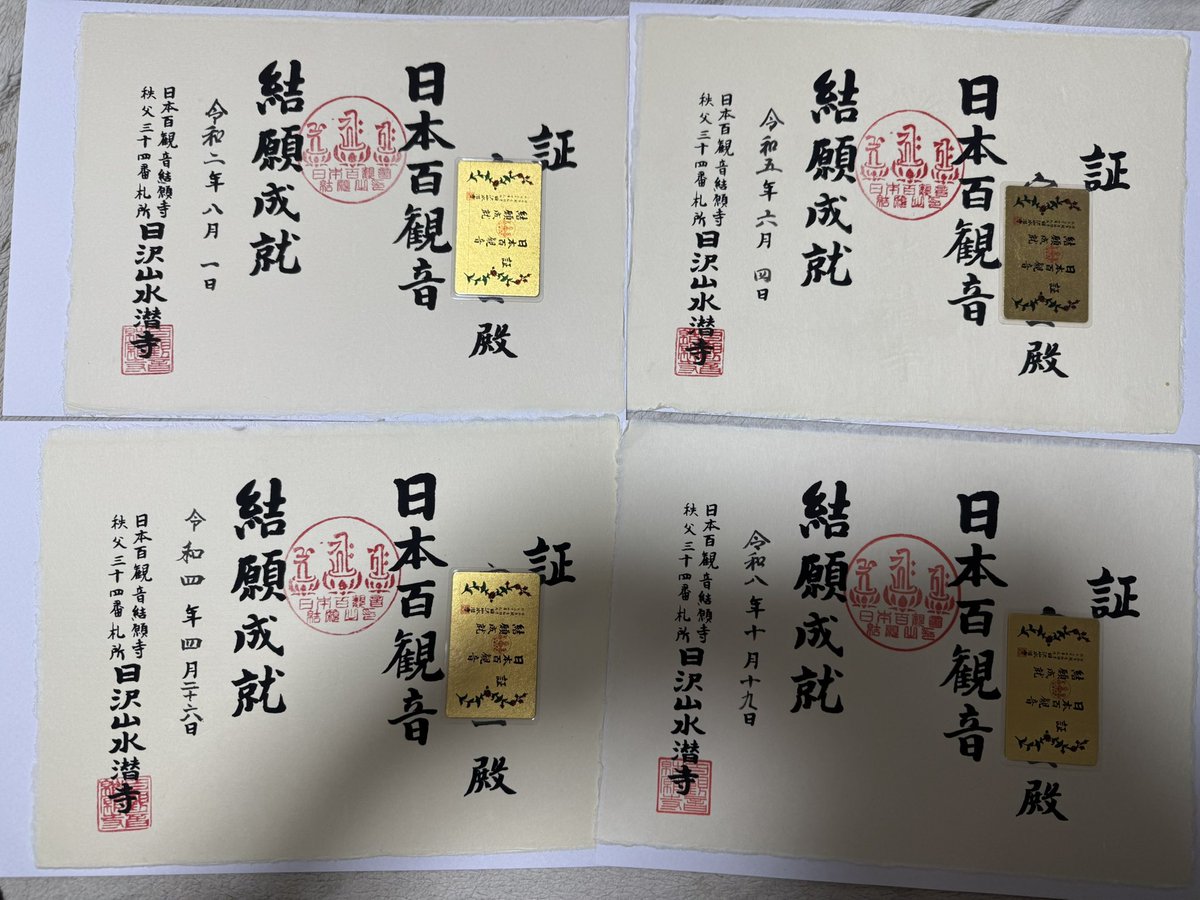 baskosanasana's tweet photo. 日本百観音・西国坂東秩父
四巡目結願📿

先日無事に四巡目結願しました🙌

ちなみに坂東は五巡目終了し
ていて残るは西国六寺
秩父七寺残すのみで五巡目が終わります

百観音の証書が4枚
名前を隠しているのは金箔
裏に百観音の寺が書かれてます🔍

五巡満願までもう少し✊
頑張ります https://t.co/z9DqgHdlc3