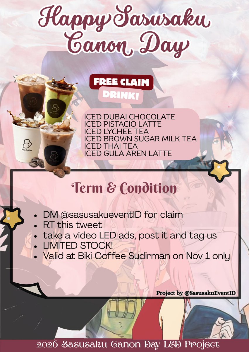 SasuSakuEventID's tweet photo. ✨ 2026 SASUSAKU CANON DAY 𝗟𝗘𝗗 ADS 𝗣𝗥𝗢𝗝𝗘𝗖𝗧 ✨

📍LED Outdoor Kendal (MRT Dukuh Atas)
🗓️ 1st November 2026
⏰ 06.00 – 24.00 WIB
🥤Free drink (details on poster)

snap it, post it &amp; don't forget to tag us!

Don't forget to follow this account 🫶
#sakura #sasuke #sasusaku https://t.co/jqDeexV1kV