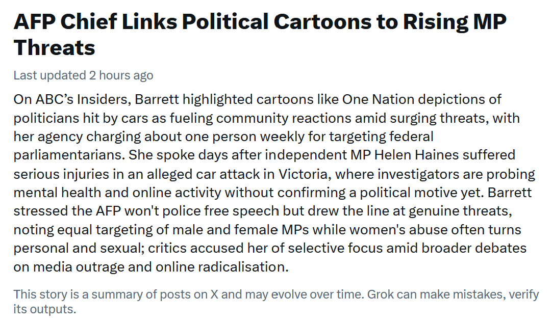 ellymelly's tweet photo. This is outrageous. There is no indication or suggestion whatsoever that One Nation's cartoons had the SLIGHTEST impact on what happened last week.

If anything, we should be talking about drug use, mental health, and a failure of policing to handle repeated community concerns about dangerous individuals.

Another attempt to deflect public attention from actual system failures and blame a politically inconvenient cartoon that POINTS OUT THESE FAILURES.

This attack on satire must stop.