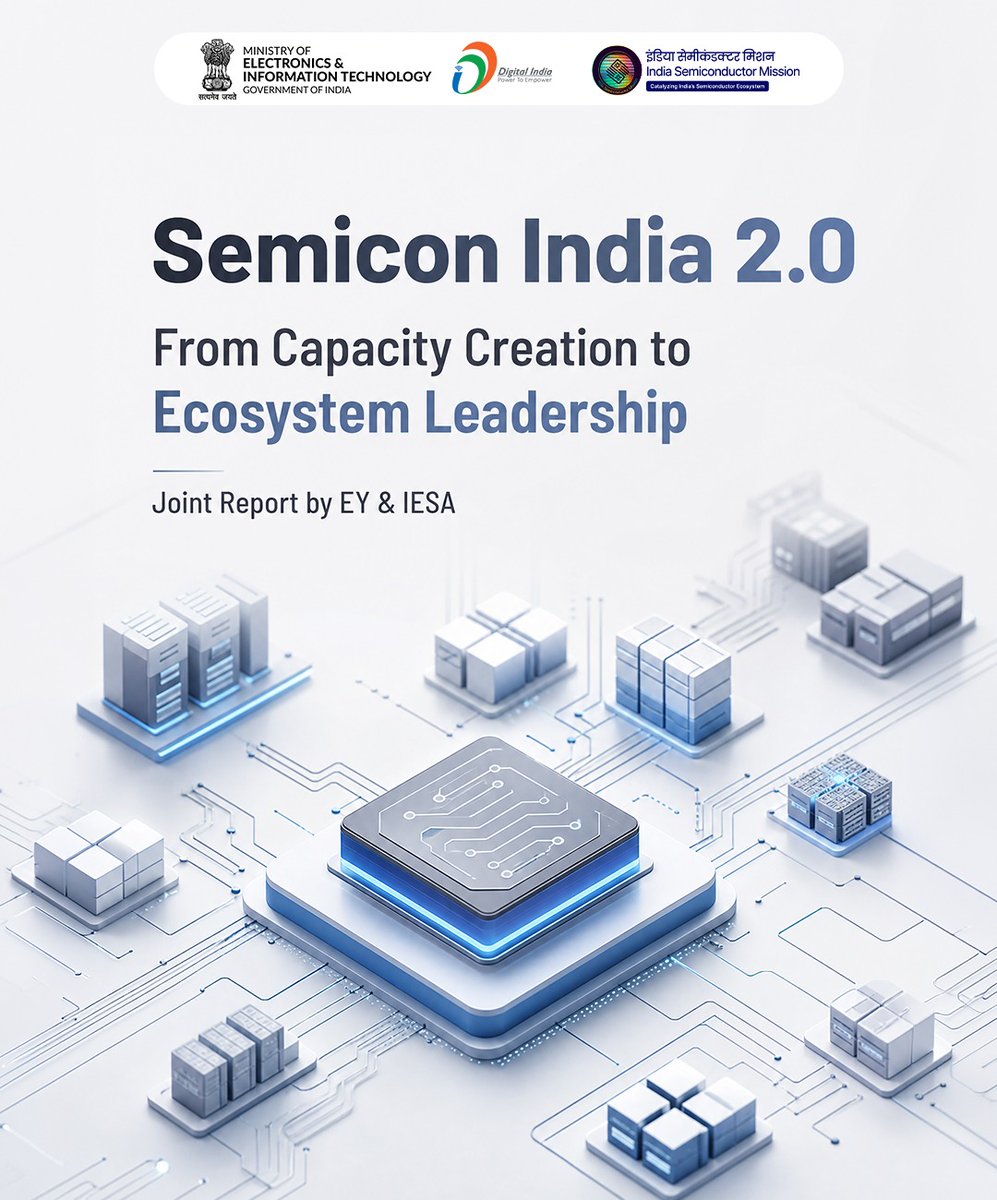 GoI_MeitY's tweet photo. The newly launched report outlines opportunities across manufacturing, advanced packaging, design and innovation, with India’s semiconductor market projected to grow from USD 64 billion in 2026 to USD 200 billion by 2035.

#SEMICONIndia2026 #DigitalIndia https://t.co/hhP0FeUQaU