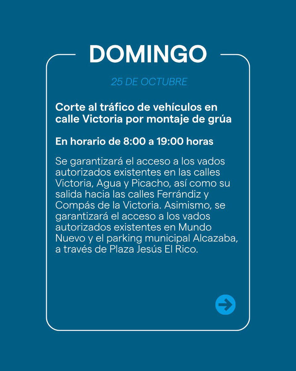 malaga's tweet photo. Información de movilidad para el domingo, 25 de octubre, con motivo de una salida procesional y operaciones de montaje de grúa en @distrito1malaga. Más información 👉 https://t.co/64lPUxDsx0 https://t.co/bJbBbbQC7X