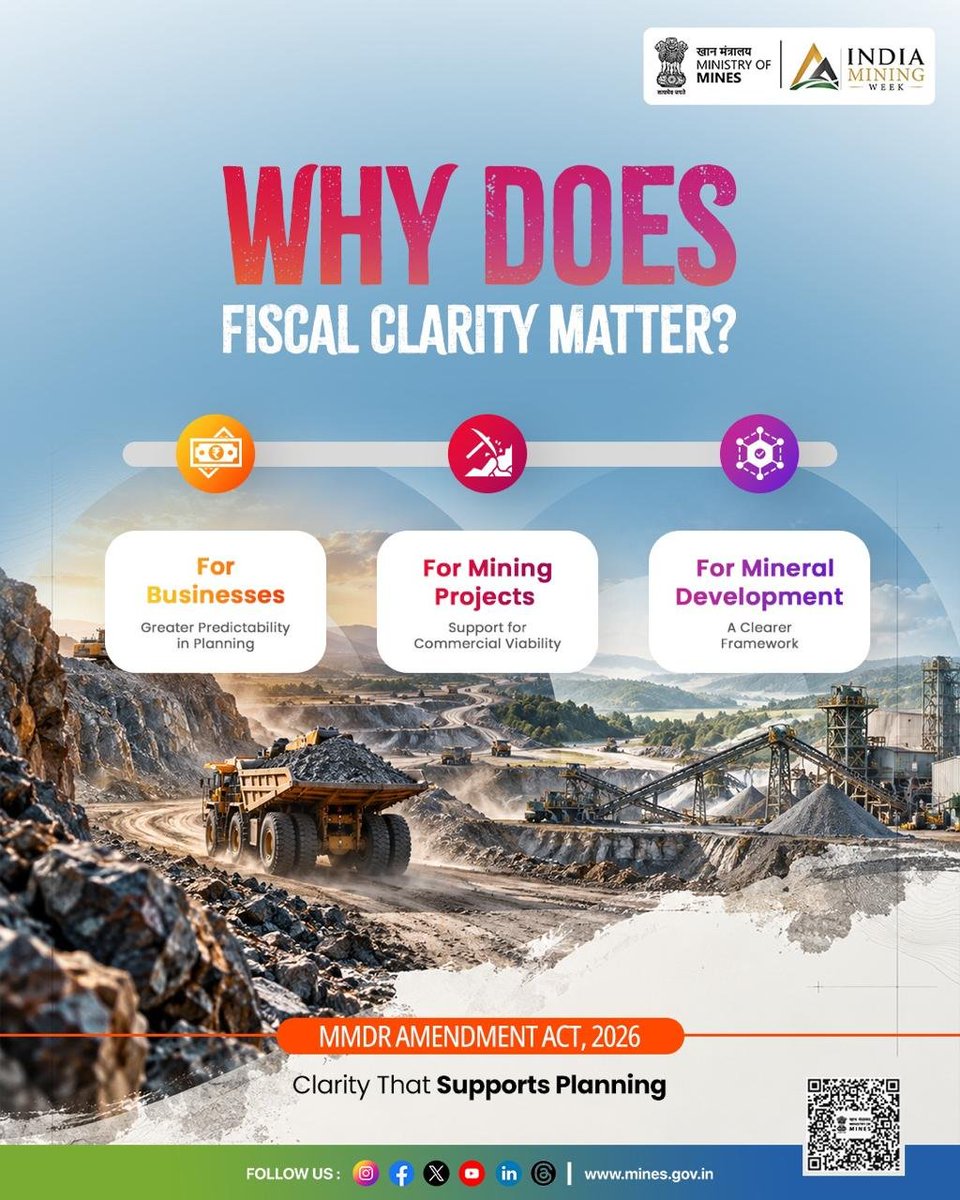 cmpdil's tweet photo. Good policy gives the sector a firm footing.

The Mines and Minerals (Development and Regulation) Amendment Act, 2026 brings a fiscal framework that helps the sector look ahead with confidence.

Clarity today. Confidence for what comes next.

#MMDR2026

@kishanreddybjp @satishdubeyy @CoalMinistry @MinesMinIndia @CoalIndiaHQ
