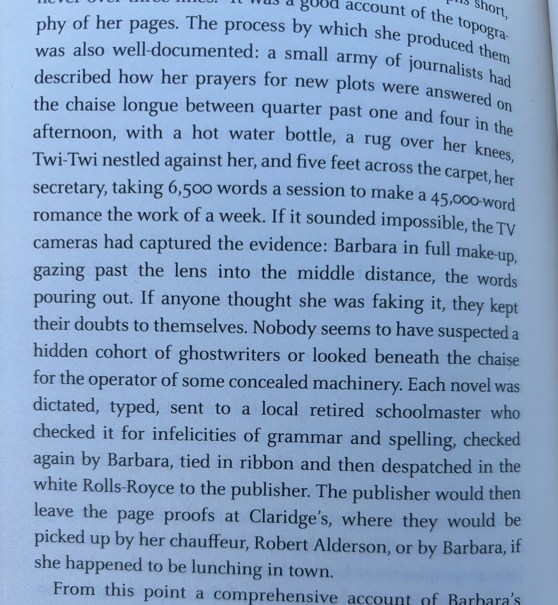 sturgios's tweet photo. Perhaps the single most extraordinary detail in the Barbara Cartland biography - a book full of extraordinary details - is *how* she was able to write a whole novel a week, right down to the manner in which the manuscript was physically delivered to her publisher https://t.co/LORCnNpUR7