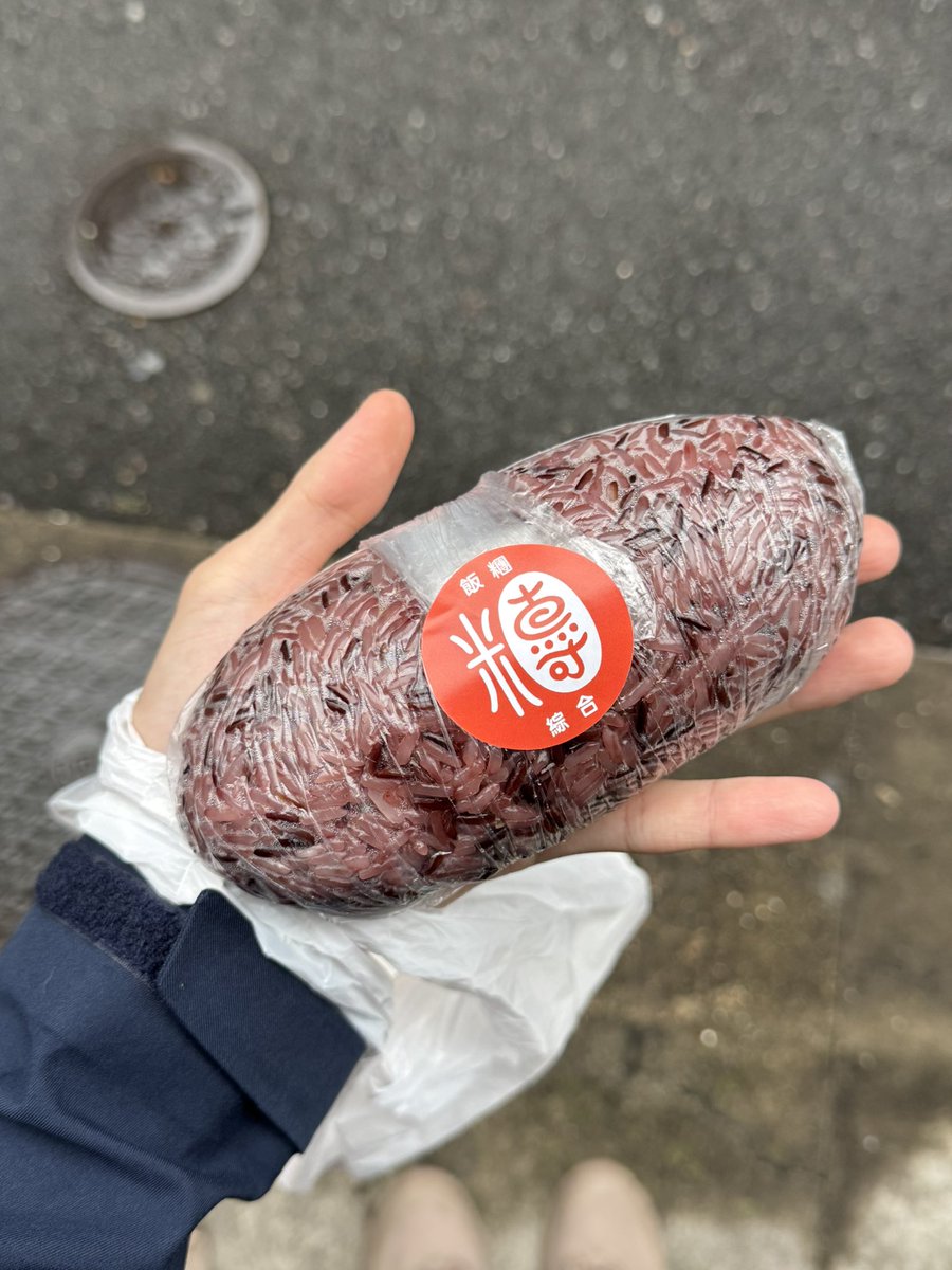 shuunomo's tweet photo. 2つ分の重さがある台湾飯糰（おにぎり）。紫黒米の内側に高菜、ピーナッツ、煮卵、干し大根など10種類の具が入っている。きのうの古本市は雨でした、また今度。 https://t.co/NFWkKSBaE6