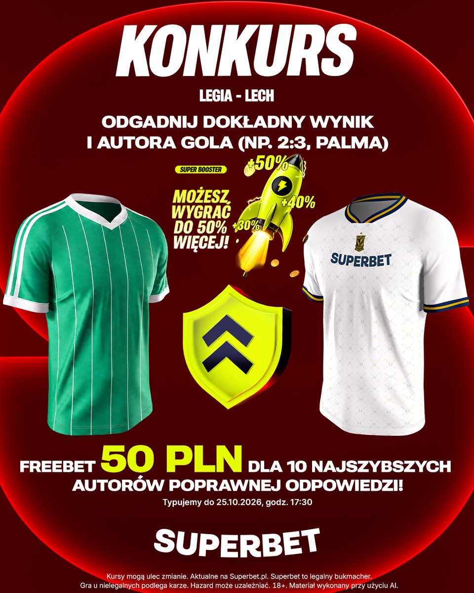 SuperbetPL's tweet photo. #KONKURS! Wytypuj w odpowiedziach dokładny wynik oraz autora gola ⚽️ w meczu Legia - Lech i zgarnij freebet! #LEGLPO 
-- 
✅ Zaobserwuj @SuperbetPL
❤️ Polub wpis i 🔄 podaj go dalej 
👤 Dodaj nick z Superbet 
🎁 Nagroda = FREEBET 50 PLN 
Regulamin: https://t.co/quNbhzbxNj https://t.co/nRJ9xYF7qD