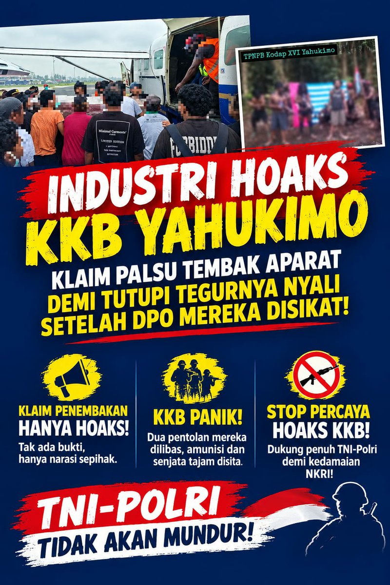Robertuss2929's tweet photo. Industri Hoaks KKB Yahukimo: Klaim Palsu Tembak Aparat Demi Tutupi Tegurnya nyali Setelah DPO Mereka Disikat Kondusif!

Bongkar taktik gila hormat dan pabrikasi hoaks siber gerombolan separatis di Yahukimo! Setelah komplotan mereka kocar-kacir dihantam penegakan hukum tegas https://t.co/oxGVCJPFJZ