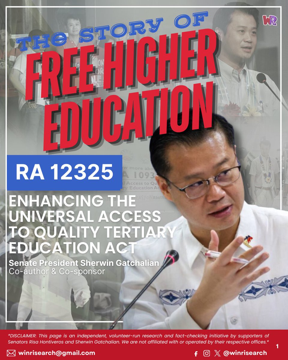 WinRisearch's tweet photo. Gaano kalakas ang tulak? Mula pa 2015! ❤️

Mula pa noong siya ay nagsisilbi pa lamang bilang kongresista at representante ng Valenzuela, naging matatag na kapanalig na si SP Sherwin Gatchalian ng adbokasiya para magawang abot-kamay ang dekalidad na edukasyon sa Pilipinas. 

Isa siya sa pinakadedikadong katuwang upang maisabatas ang RA 12325 o ang Enhancing the Universal Access to Quality Tertiary Education Act, ngunit tungkol nga ba saan ang batas na ito? Ano ang maaari nitong maibigay, at paano nito sinusuportahan ang mga mag-aaral na Pilipino? 

Alamin dito! 📰

[ENG/CEB trans also in the thread]
#WINsaTotoo #BeRISAponsible #WinRi (1/4)