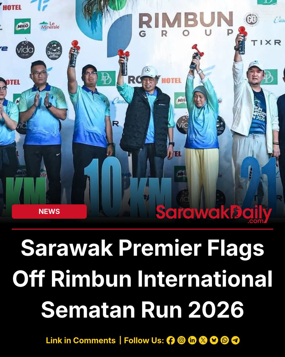 Sarawak_Daily's tweet photo. Sarawak Premier Abang Johari flags off the Rimbun International Sematan Run 2026, featuring three race distances, community activities and a mock cheque presentation to Lundu Hospital.
Full Details: https://t.co/vwUbgJItLf
#Sematan #Lundu #SarawakNews #SarawakDaily #KuchingKing https://t.co/f19xH4hIWD