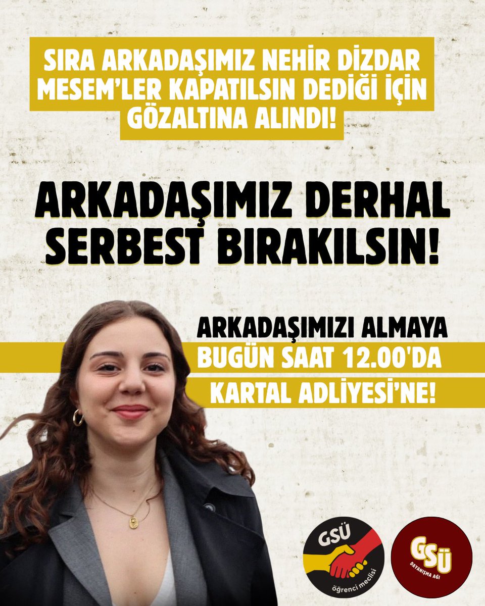 gsudayanisma3's tweet photo. Sıra arkadaşımız Nehir Dizdar, Yusuf Tekin’in İstanbul Kadıköy Lisesi’ne gelişi öncesinde asılan pankart sebebiyle dün evinden gözaltına alındı ve mevcutlu tutuldu!

Bugün saat 12.00’da Kartal Adliyesi önüne arkadaşımızı almaya gidiyoruz!

🗓️Bugün
⏰12.00
📍Kartal Adliyesi https://t.co/RA1W5jb25x