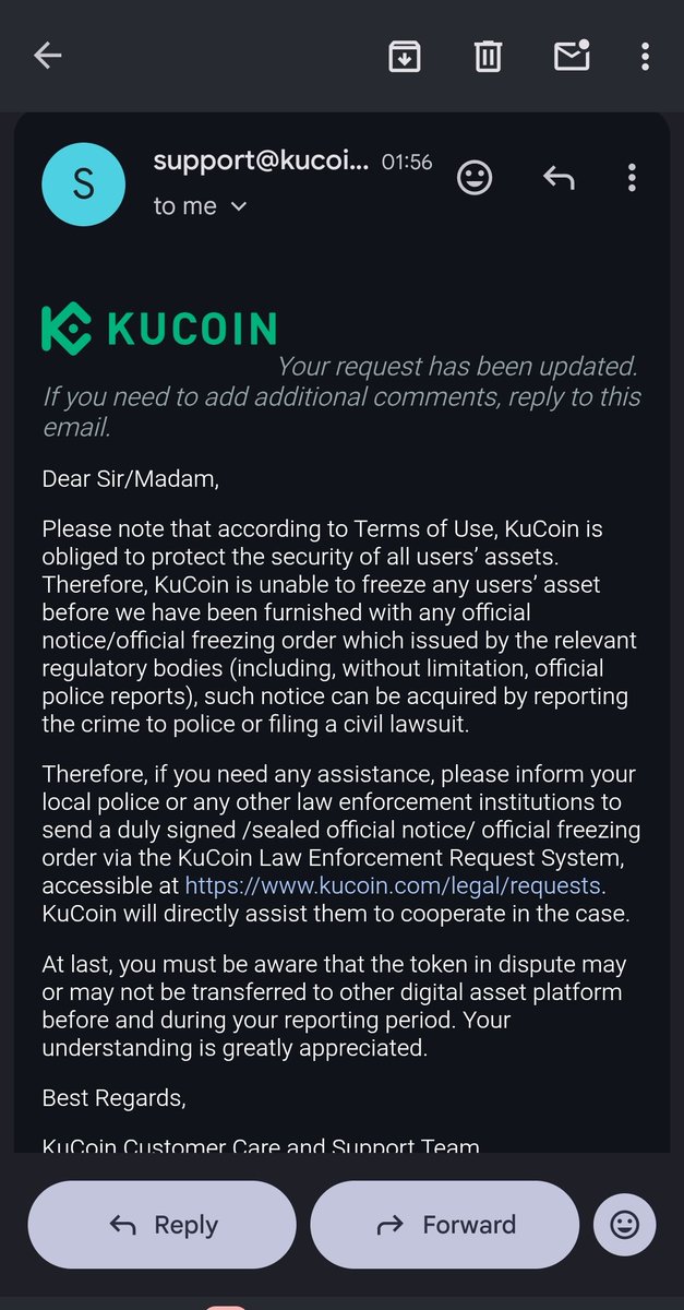 pakcivil1122's tweet photo. @Mika00001233 I have tracked that the scammer used a kucoin exchange to fund his scam tokens.
I put up the case to kucoin but this is their response.

If you want to file a legal case through LEA, I can share all the details linking LATI/DPAY to kucoin. https://t.co/D6AKpxknvE